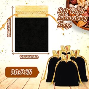 80 Pieces Velvet Bags with Drawstrings Soft Velour Jewelry Pouch Sacks Candy Gift Packaging Pouch Bag for Graduation Wedding Christmas Birthday Party Supplies, 2.8 x 3.5 Inch (Black, Gold)