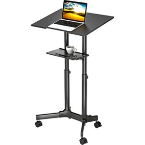 bontec lecterns & podiums portable mobile standing laptop desk, sit stand desk with wheels, height adjustable home office classroom pulpit stand up desk workstation, rolling table laptop cart with storage tray, black