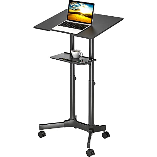 BONTEC Lecterns & Podiums Portable Mobile Standing Laptop Desk, Sit Stand Desk with Wheels, Height Adjustable Home Office Classroom Pulpit Stand Up Desk Workstation, Rolling Table Laptop Cart with Storage Tray, Black