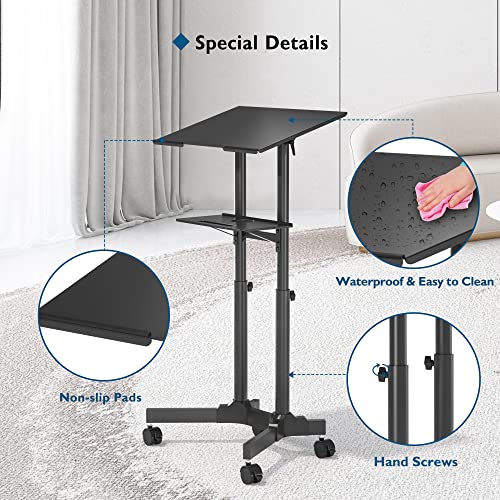 BONTEC Lecterns & Podiums Portable Mobile Standing Laptop Desk, Sit Stand Desk with Wheels, Height Adjustable Home Office Classroom Pulpit Stand Up Desk Workstation, Rolling Table Laptop Cart with Storage Tray, Black