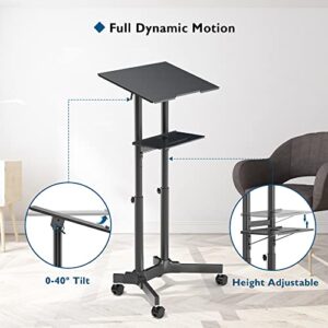 BONTEC Lecterns & Podiums Portable Mobile Standing Laptop Desk, Sit Stand Desk with Wheels, Height Adjustable Home Office Classroom Pulpit Stand Up Desk Workstation, Rolling Table Laptop Cart with Storage Tray, Black