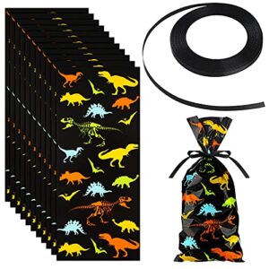 outus 100 pieces dinosaur cellophane bags clear dinosaur skeleton bags party favors bags with a roll of ribbon for chocolate candy snacks cookies dinosaur themed party supplies (multi colors)