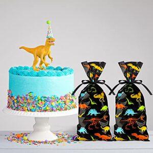 Outus 100 Pieces Dinosaur Cellophane Bags Clear Dinosaur Skeleton Bags Party Favors Bags with A Roll of Ribbon for Chocolate Candy Snacks Cookies Dinosaur Themed Party Supplies (Multi Colors)