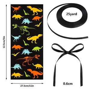Outus 100 Pieces Dinosaur Cellophane Bags Clear Dinosaur Skeleton Bags Party Favors Bags with A Roll of Ribbon for Chocolate Candy Snacks Cookies Dinosaur Themed Party Supplies (Multi Colors)