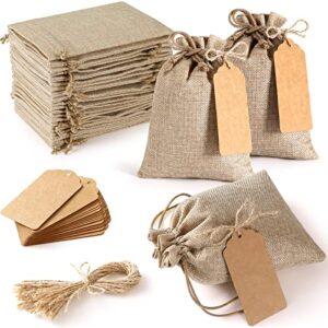 25Set Reusable Burlap Gift Bags with Drawstring, 4x6" Small Party Favor Gift Bags + Bonus Gift Tags & String, Brown Linen Sacks Bag for Wedding Party Favor, Jewelry Pouches, Christmas, Festival, Kids Birthday, Coffee, DIY Craft Sachet Bulk Bags
