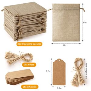 25Set Reusable Burlap Gift Bags with Drawstring, 4x6" Small Party Favor Gift Bags + Bonus Gift Tags & String, Brown Linen Sacks Bag for Wedding Party Favor, Jewelry Pouches, Christmas, Festival, Kids Birthday, Coffee, DIY Craft Sachet Bulk Bags