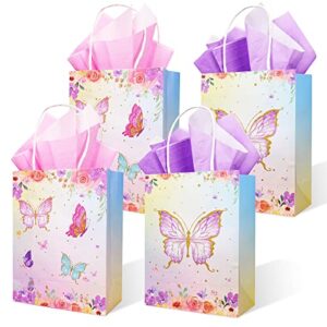 16 pcs butterfly party gift bag favors bags with tissue paper goodie paper bags pink and purple flowers candy paper bags with handles for kids girl birthday party decor baby shower(8.2″ x 5.9″ x 3.1″)