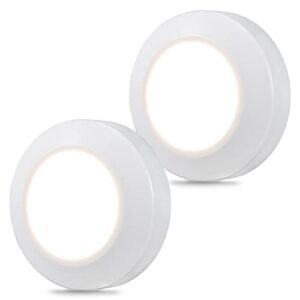 energizer led puck lights, 2 pack, battery operated, push light, wireless lights, 50 lumens, tap light, stick on lights, white, perfect for under cabinet, closets, pantry, and more, 46009