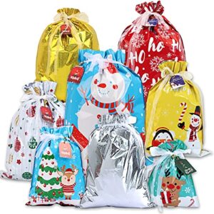 moretoes 36pcs christmas drawstring gift bags with 8 sizes 8 designs assorted foil wrapping christmas gift santa goody bags upgraded with tags for xmas holiday presents party favor