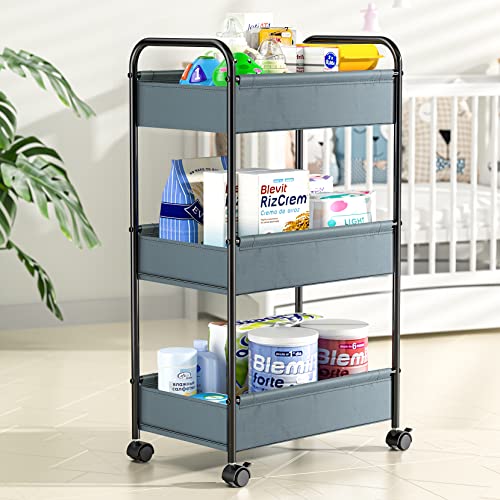 3 Tier Rolling Cart, YASONIC Storage Cart with Handle and Lockable Wheels, Multifunctional Metal Utility Cart with Skin-Friendly Fabric, Easy Assembly, for Kid’s Room, Nursery Room, Classroom, Gray