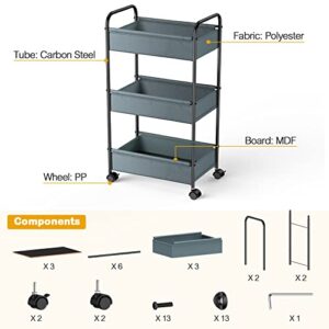 3 Tier Rolling Cart, YASONIC Storage Cart with Handle and Lockable Wheels, Multifunctional Metal Utility Cart with Skin-Friendly Fabric, Easy Assembly, for Kid’s Room, Nursery Room, Classroom, Gray