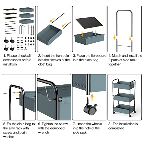 3 Tier Rolling Cart, YASONIC Storage Cart with Handle and Lockable Wheels, Multifunctional Metal Utility Cart with Skin-Friendly Fabric, Easy Assembly, for Kid’s Room, Nursery Room, Classroom, Gray