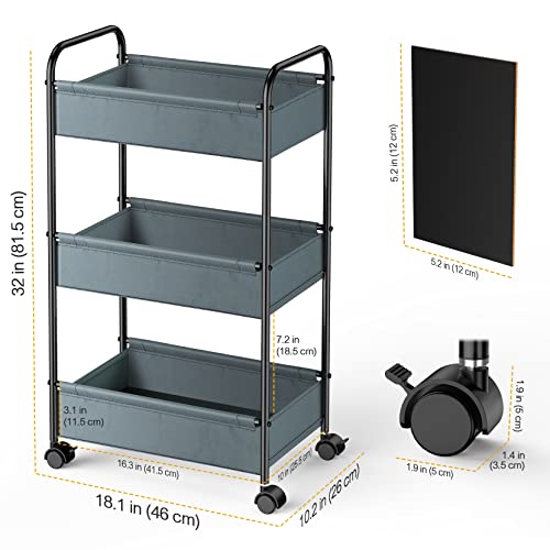 3 Tier Rolling Cart, YASONIC Storage Cart with Handle and Lockable Wheels, Multifunctional Metal Utility Cart with Skin-Friendly Fabric, Easy Assembly, for Kid’s Room, Nursery Room, Classroom, Gray