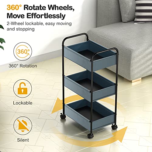 3 Tier Rolling Cart, YASONIC Storage Cart with Handle and Lockable Wheels, Multifunctional Metal Utility Cart with Skin-Friendly Fabric, Easy Assembly, for Kid’s Room, Nursery Room, Classroom, Gray