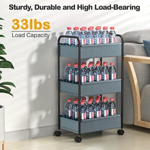 3 Tier Rolling Cart, YASONIC Storage Cart with Handle and Lockable Wheels, Multifunctional Metal Utility Cart with Skin-Friendly Fabric, Easy Assembly, for Kid’s Room, Nursery Room, Classroom, Gray