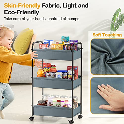 3 Tier Rolling Cart, YASONIC Storage Cart with Handle and Lockable Wheels, Multifunctional Metal Utility Cart with Skin-Friendly Fabric, Easy Assembly, for Kid’s Room, Nursery Room, Classroom, Gray