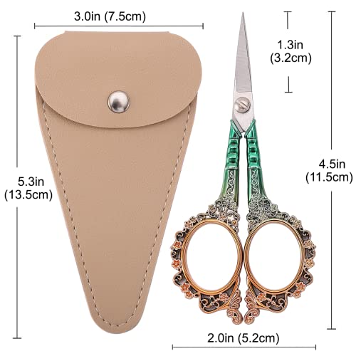 HITOPTY Sewing Scissors Sharp Embroidery Scissors with Sheath, Craft Scissor for Needlework Artwork Threading Cross Stitch Handicraft DIY Tool, 4.5in Gold Green Shears