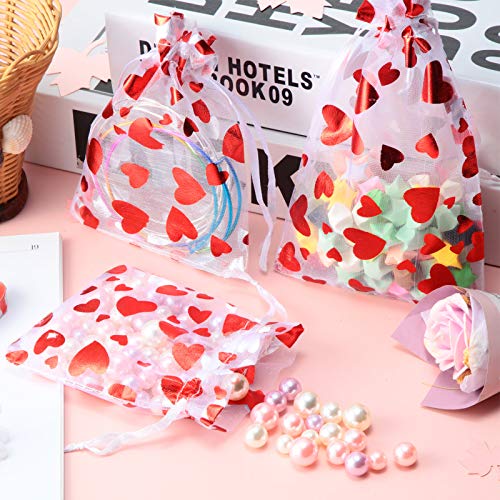 120 Pieces Heart Candy Bags Organza Drawstring Bags Valentine's Day Love Red Jewelry Gift Pouches Drawstring Bags for Mother's Day Wedding Valentine's Day Decor, 3 Sizes