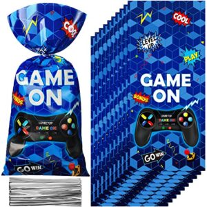 100pcs video game party bags plastic video game loot bags gaming goody candy treat bags with 100 silver twist ties game on favor bags video games theme party decoration for game birthday party(blue)