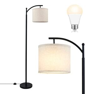 led modern floor lamp with beige linen lamp shade,tall lamps standing lamp for bedrooms,living room, office,black pole lamp with foot switch