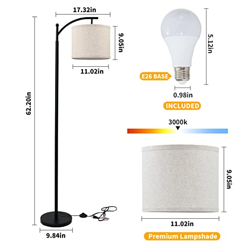 LED Modern Floor Lamp with Beige Linen lamp Shade,Tall Lamps Standing Lamp for Bedrooms,Living Room, Office,Black Pole Lamp with Foot Switch