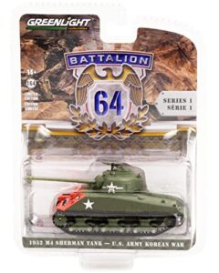 1952 m4 sherman tank green with graphics rice’s red devils u.s. army (korean war) battalion 64″ release 1 1/64 diecast model by greenlight 61010 b