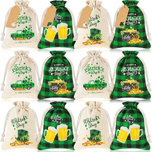 20 pieces st patrick’s day party favor bags with drawstring 4 x 6 inches lucky shamrock cotton candy pouch sacks irish gift plaid treat bag with 20 tags for saint patrick’s day irish party supplies