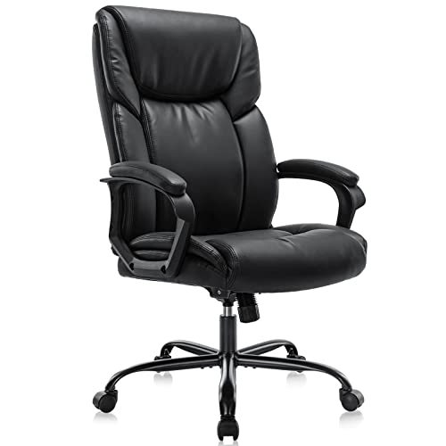 Executive Office Chair - Ergonomic Home Computer Desk Chair for Heavy People with Wheel, Lumbar Support, PU Leather, Adjustable Height & Swivel