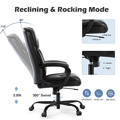 Executive Office Chair - Ergonomic Home Computer Desk Chair for Heavy People with Wheel, Lumbar Support, PU Leather, Adjustable Height & Swivel