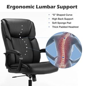 Executive Office Chair - Ergonomic Home Computer Desk Chair for Heavy People with Wheel, Lumbar Support, PU Leather, Adjustable Height & Swivel