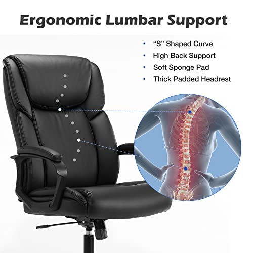 Executive Office Chair - Ergonomic Home Computer Desk Chair for Heavy People with Wheel, Lumbar Support, PU Leather, Adjustable Height & Swivel