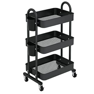 leguang 3-tier rolling utility cart storage shelves multifunction storage trolley service cart with mesh basket handles and wheels easy assembly for bathroom, kitchen, office (black)