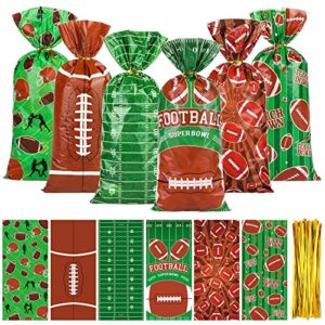 mimind 120 pieces super bowl football cellophane bags super bowl heat sealable football field treat bags with gold twist ties for football party decors, sport party supplies, team gift, 6 styles