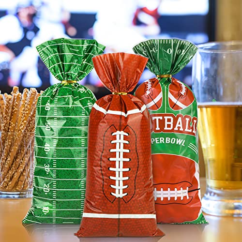 MIMIND 120 Pieces Super Bowl Football Cellophane Bags Super Bowl Heat Sealable Football Field Treat Bags with Gold Twist Ties for Football Party Decors, Sport Party Supplies, Team Gift, 6 Styles