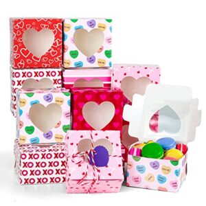 whaline 24pcs valentine’s day treat boxes with 24pcs gift tag cotton rope 4 design red pink heart cardboard box with window valentines paper gift container for goodie cookie candy sweet party favors