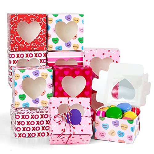 Whaline 24Pcs Valentine's Day Treat Boxes with 24Pcs Gift Tag Cotton Rope 4 Design Red Pink Heart Cardboard Box with Window Valentines Paper Gift Container for Goodie Cookie Candy Sweet Party Favors