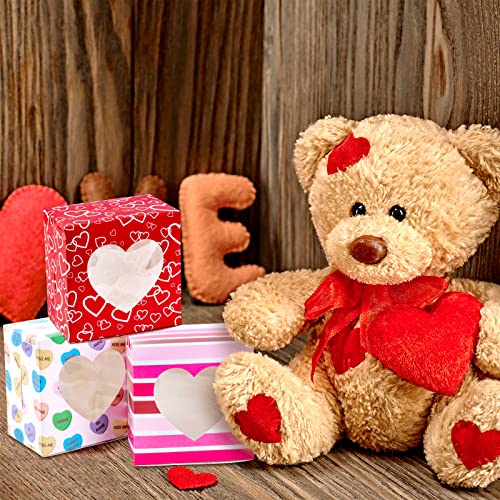 Whaline 24Pcs Valentine's Day Treat Boxes with 24Pcs Gift Tag Cotton Rope 4 Design Red Pink Heart Cardboard Box with Window Valentines Paper Gift Container for Goodie Cookie Candy Sweet Party Favors