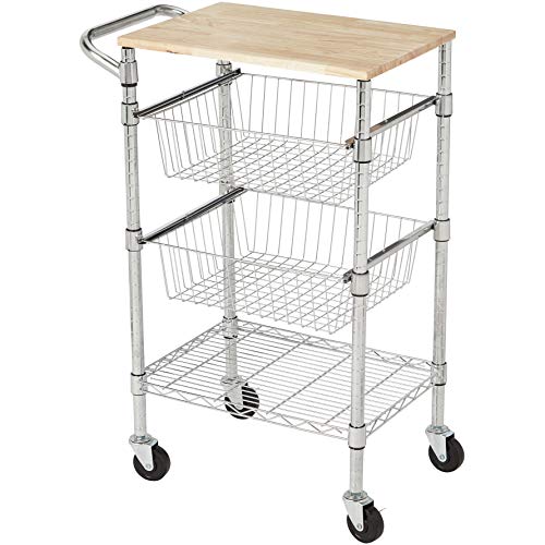 Amazon Basics 3-Tier Metal Basket Rolling Cart with Wood Top