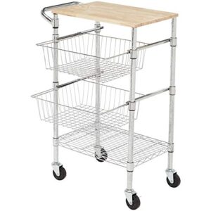 Amazon Basics 3-Tier Metal Basket Rolling Cart with Wood Top