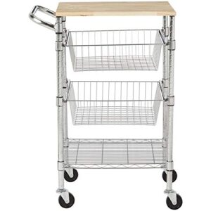 Amazon Basics 3-Tier Metal Basket Rolling Cart with Wood Top