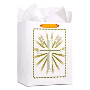 FaCraft 13" Large Gift Bag with Tissue Paper Cross Paper Gift Bags with Handle for Baptism Christenings Confirmations First Communions Religious Wedding,Baptism Gifts Bag for Kids Boys Girl