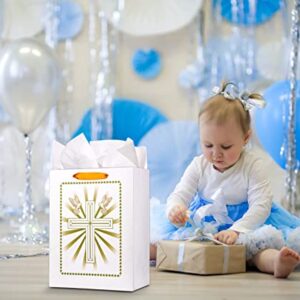 FaCraft 13" Large Gift Bag with Tissue Paper Cross Paper Gift Bags with Handle for Baptism Christenings Confirmations First Communions Religious Wedding,Baptism Gifts Bag for Kids Boys Girl