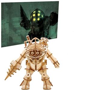 bioshock big daddy 3d wood puzzle & model figure kit (117 pcs) with exclusive poster – build & paint your own 3-d game toy – holiday educational gift for kids, teens & adults, no glue required, 17+ 