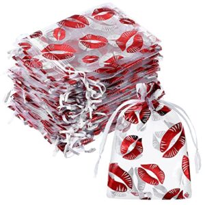 100 pcs valentine’s day organza bag with drawstring, sheer red lip printed jewelry gift pouch, 4 x 6 inch mesh small favor bags for girls valentines day wedding spa sleepover party decorations