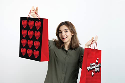 Easykart 12 PCs Valentines Day Paper Gift Bags with Handle 9.5 x 7.75 inch, Elegant Coated Art Paper Wrapping Bags Cardboard Bags for Valentine’s Day Party Favors Funny Gift Exchange Novelty Gift Giving Gift Wrapping