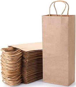 wuweot 50 pack kraft paper bags, 5.4″x3.3″x13″ recyclable brown wine bags paper gift bags retail bags shipping bags with handles bulk
