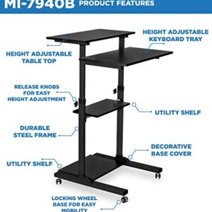 Mount-It! Mobile Standing Desk/Height Adjustable Stand Up Computer Work Station | Rolling Presentation Cart with 27.5 Inch Wide Platform, Locking Wheels