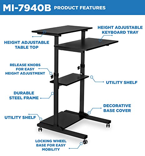 Mount-It! Mobile Standing Desk/Height Adjustable Stand Up Computer Work Station | Rolling Presentation Cart with 27.5 Inch Wide Platform, Locking Wheels