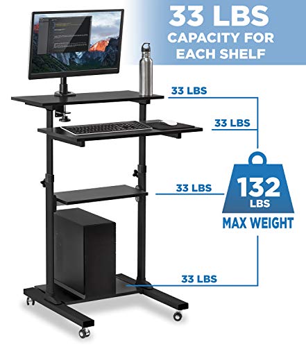 Mount-It! Mobile Standing Desk/Height Adjustable Stand Up Computer Work Station | Rolling Presentation Cart with 27.5 Inch Wide Platform, Locking Wheels