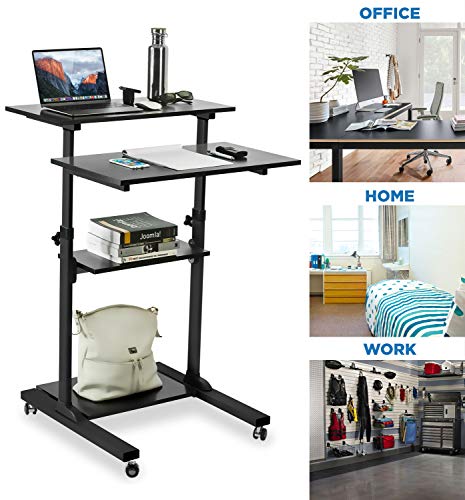 Mount-It! Mobile Standing Desk/Height Adjustable Stand Up Computer Work Station | Rolling Presentation Cart with 27.5 Inch Wide Platform, Locking Wheels